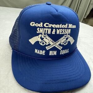 Vtg Smith & Wesson Snapback Hat Cap Rope Trucker Blue Logo Funny God Created Man